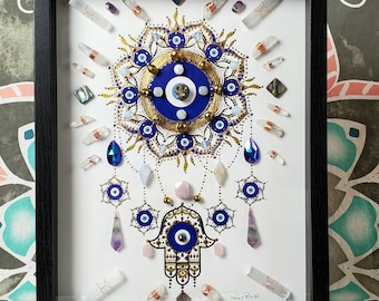 Evil Eye Crystal Grid Art, Framed Mandala, Energy Infused, Protection Art