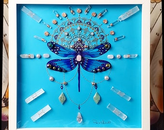 crystal art, framed crystal art, boho art, energy infused art, crystal artwork, healing art, framed crystal grid, dragonfly art, dragon fly