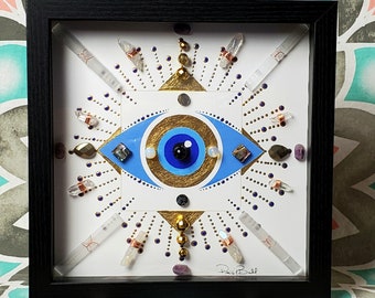 Evil Eye Protection, Crystal Grid, crystal art, framed crystal art, Evil eye, mandala art, energy infused art, crystals