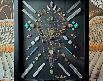 crystal grid, crystal art, framed crystal art, energy infused art, lotus flower, spiritual art, moon art