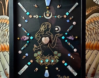moon art, crystal grid, crystal art, framed crystal art, goddess, goddess art, moon goddess, moon art, triple moon, sacred feminine