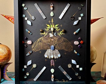 Crystal art, framed crystal art, framed crystal grid, crystal grid, lion art, energy infused art, eagle art, eagle, bird art, bald eagle