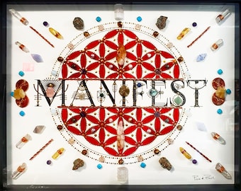 manifest, crystal grid, crystal art, framed crystal art, house warming, sacred geometry, mandala art, energy infused art, manifesting