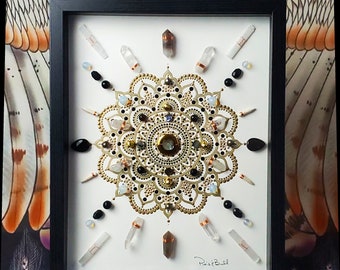 crystal art, sacred geometry art,mandala art, energy infused art, crystal artwork, art with crystals, framed crystal grid, mandala art