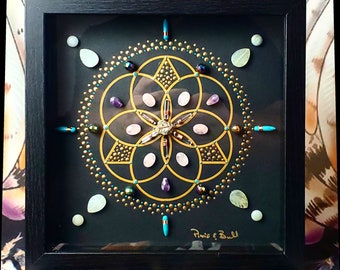 crystal art, framed crystal art, boho art, energy infused art, crystal artwork, healing art, framed crystal grid, seed of life