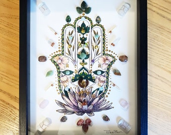 hamsa art, hand of fatima, crystal art, framed crystal grid, healing art, boho art, gifts for her, energy infused art, crystal grids, hamsa