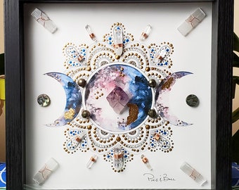 crystal art, framed crystal art, boho art, energy infused art, crystal artwork, healing art, framed crystal grid, moon art, moon crystals
