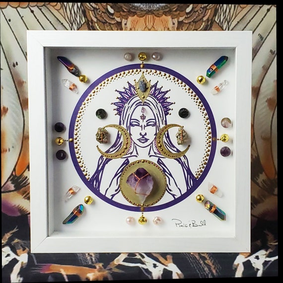 Crystal Grid, framed crystal grid, framed crystal art, crystal art, energy  infused art, moon art, moon, crescent, triple moon, moon goddess