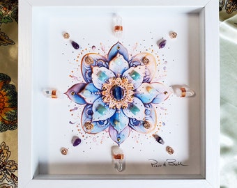 crystal art, framed crystal art, boho art, energy infused art, crystal artwork, blue crystals, framed crystal grid, lotus art, lotus flower