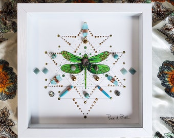 crystal art, framed crystal art, boho art, energy infused art, crystal artwork, healing art, framed crystal grid, dragonfly art, dragon fly