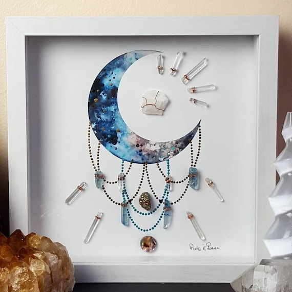 Crystal Grid, framed crystal grid, framed crystal art, crystal art, energy  infused art, moon art, moon, crescent, triple moon, moon goddess