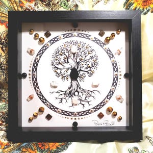 crystal art, energy infused art, crystal artwork, art with crystals, framed crystal grid, tree of life, tree of life art, the tree of life