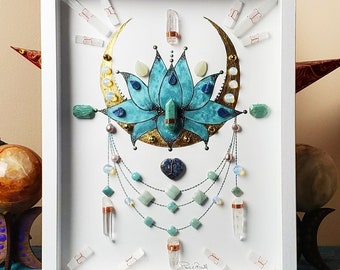 Crystal art, framed crystal art, framed crystal grid, crystal grid,  crystal decor, energy infused art, lotus flower, lotus art, hope