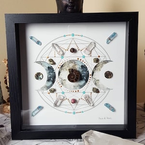 Crystal Grid, framed crystal grid, framed crystal art, crystal art, energy infused art, moon art, moon, full moon, triple moon, moon goddess