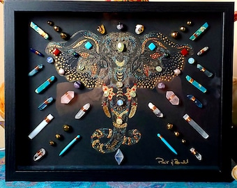 Crystal art, framed crystal art, framed crystal grid, crystal grid,  crystal decor, energy infused art, elephant, elephant art, ganesha art