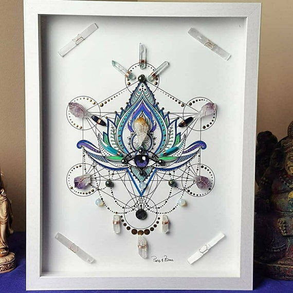 sacred geometry art, crystal grid, crystal art, framed crystal art, energy  infused art, metatrons cube, lotus flower, spiritual art, boho
