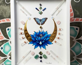 blue morpho butterfly, crystal grid, crystal art, framed crystal art, energy infused art, butterfly art, lotus flower, blue morpho