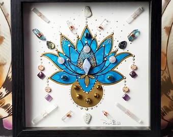crystal art, framed crystal art, boho art, energy infused art, crystal artwork, blue crystals, framed crystal grid, lotus art, lotus flower