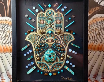 hamsa art, hand of fatima, crystal art, framed crystal grid, healing art, boho art, gifts for her, energy infused art, crystal grids, hamsa