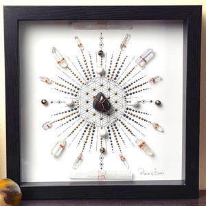 crystal grid, crystal art, framed crystal art, framed crystal grid, sacred geometry, mandala art, energy infused art, flower of life, star