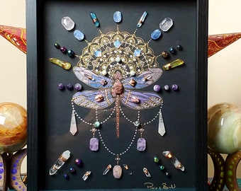 crystal art, framed crystal art, boho art, energy infused art, crystal artwork, healing art, framed crystal grid, dragonfly art, dragon fly