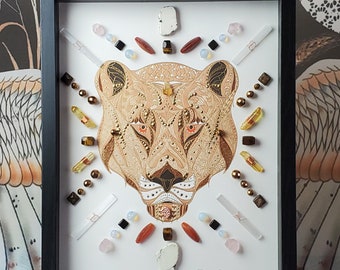 Crystal art, framed crystal art, framed crystal grid, crystal grid, lion art, energy infused art, gold leaf, big cat, lioness, lioness