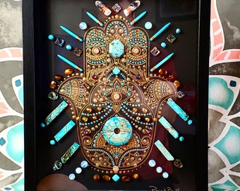 hamsa art, hand of fatima, crystal art, framed crystal grid, healing art, boho art, gifts for her, energy infused art, crystal grids, hamsa