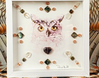 crystal art, framed crystal art, boho art, energy infused art, crystal artwork, art with crystals, framed crystal grid, owl art, owls, owl