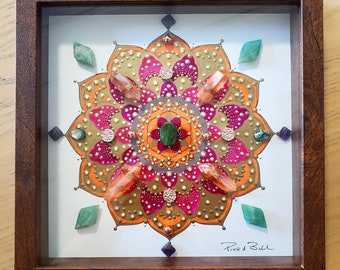 crystal art, sacred geometry art,mandala art, energy infused art, crystal artwork, art with crystals, framed crystal grid, new beginnings