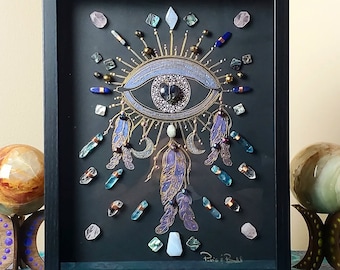 sacred geometry art, crystal grid, crystal art, framed crystal art, energy infused art, metatrons cube, spiritual art, boho, third eye