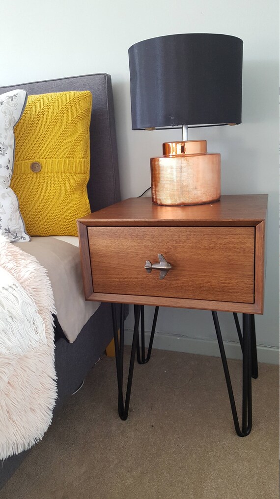Walnut Bedside Table Drawer Nightstand Hairpin Legs Etsy