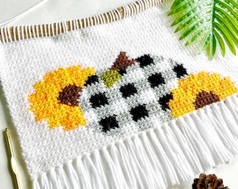 Crochet Pattern | The Autumn Picnic Wall Hanging | Plaid Pumpkin Crochet Pattern | Sunflower Crochet Pattern | Wall Hanging Crochet Pattern
