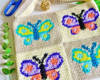 Crochet Pattern | Retro Butterfly Day Bag | Crochet Bag Pattern | Crochet Tote Pattern | Crochet Butterfly Pattern | Crochet Butterfly Bag