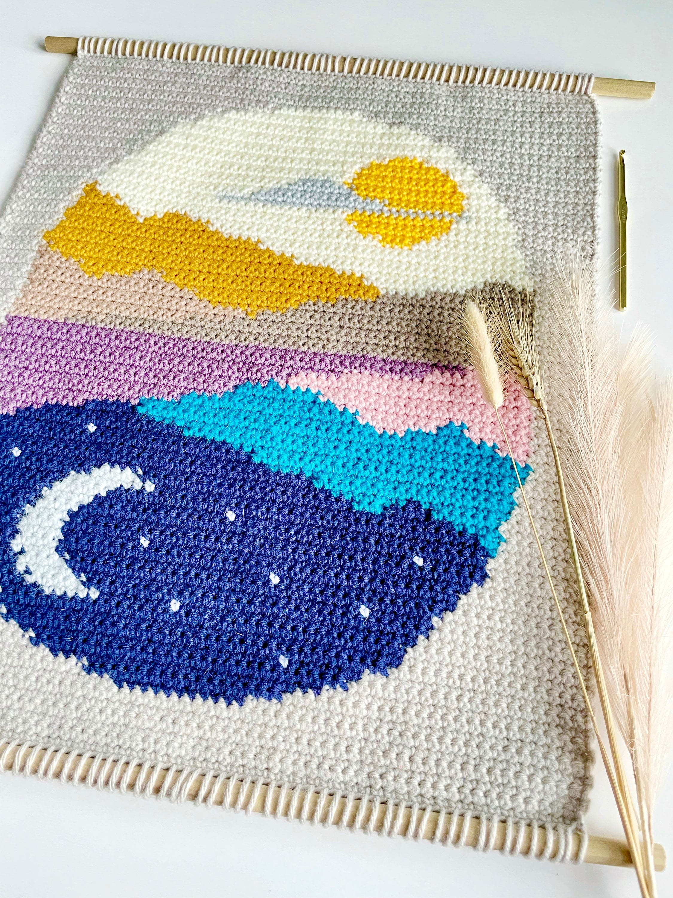 31 Framed Crochet Wall Art Patterns for Stylish, Handmade Decor 23 Crochet Pattern The Moon Rise Sun Fall Wall Hanging Wall