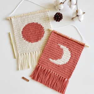 Patron au crochet | Mini motif à accrocher au mur Soleil et lune | Suspension murale à 2 panneaux | Motif au crochet soleil et lune | Téléchargement instantané | PDF