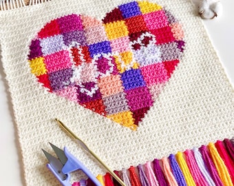 Haakpatroon | De geruite liefdesmuurhanger | Haakpatroon voor aan de muur | Gehaakt wandtapijt | Gehaakt hartpatroon | Direct downloaden