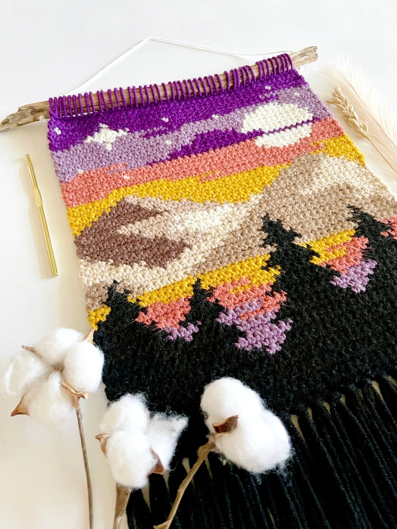 Crochet Pattern The Sunrise Mini Mountainside Wall Hanging Crochet Wall Hanging Pattern Instant Download PDF image 1