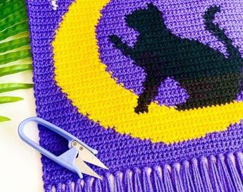 Crochet Pattern | The Witching Hour Wall Hanging | Wall Hanging Crochet Pattern | Crochet Tapestry | Crochet Cat | Halloween Crochet Pattern