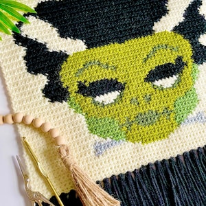 May include: Crocheted wall hanging featuring a green and black monster face design. The artwork includes a cream-colored background, black fringe, and decorative elements like a wooden bead garland, scissors, and a crochet hook.