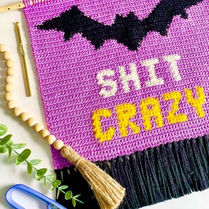 May include: A purple, handmade wall hanging with a black bat design and the words "SHIT CRAZY" in white and yellow. The piece has a fringe at the bottom and is hung on a wooden dowel. A crochet hook and scissors are next to the wall hanging.