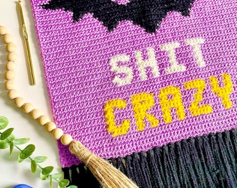 Haakpatroon | The Bat Crazy muurhanger | Haakpatroon voor aan de muur | Gehaakt wandtapijt | Halloween-haakpatroon | Pdf