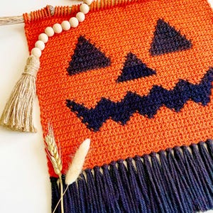 May include: Orange and black crocheted wall hanging with a pumpkin face design. The hanging has a fringe border and is attached to a wooden dowel.