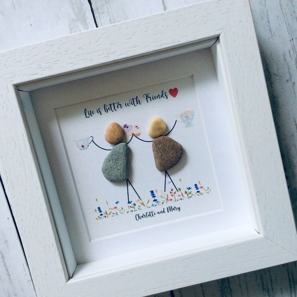 Friends with Tea Cups and Cupcakes, Personalised, Pebble art friends gift, non alcoholic friendship gift, pretty framed friends art, unique