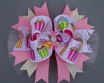 Cupcake Bow, Cupcake Birthday Bow, Birthday Hair Bow, Birthday Bow, Large Birthday Bow, Boutique Hair Bow, OTT Bow, OTT Hair Bow