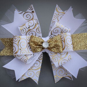 White and Gold Boutique Hair Bow, First Communion Bow, First Communion Gift, White and Gold Bow, Fancy Bow, Flower Girl Gift, Easter Bow