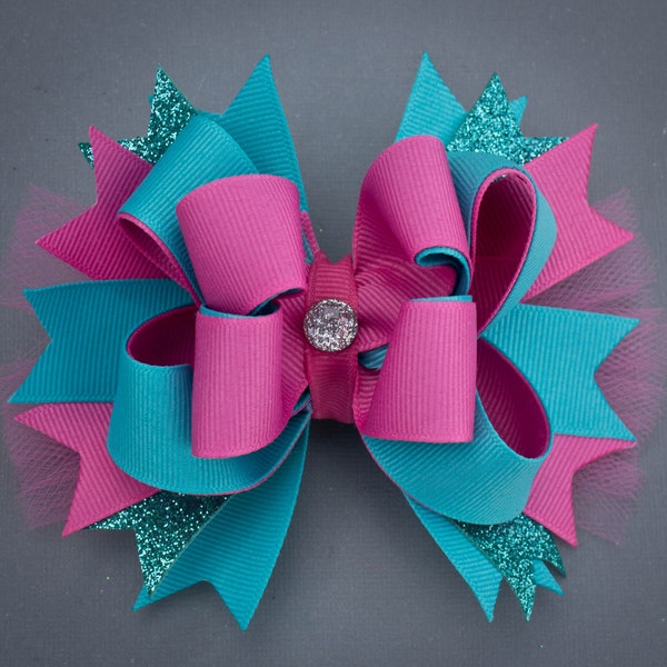 Pink and Teal Hair Bow, Pink and Teal Double Stacked Bow, Pink and Teal Layered Bow, OTT Bow, Boutique Hair Bow, Boutique Bow, Birthday Bow