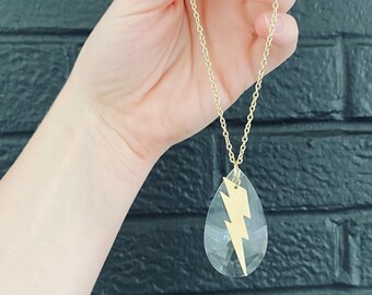 Lightning Suncatcher | rear view Mirror Accessory | Hanging Gold Crystal Prism | Modern Brass Window Hanger