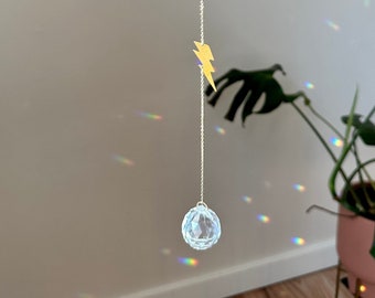 Lightning Bolt suncatcher, Modern Home Decor, Brass Wall Art, Crystal