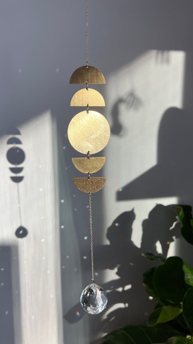 Moon Phase Wall hanging suncatcher, Abstract Brass Circles, phases of the moon cycle image 2