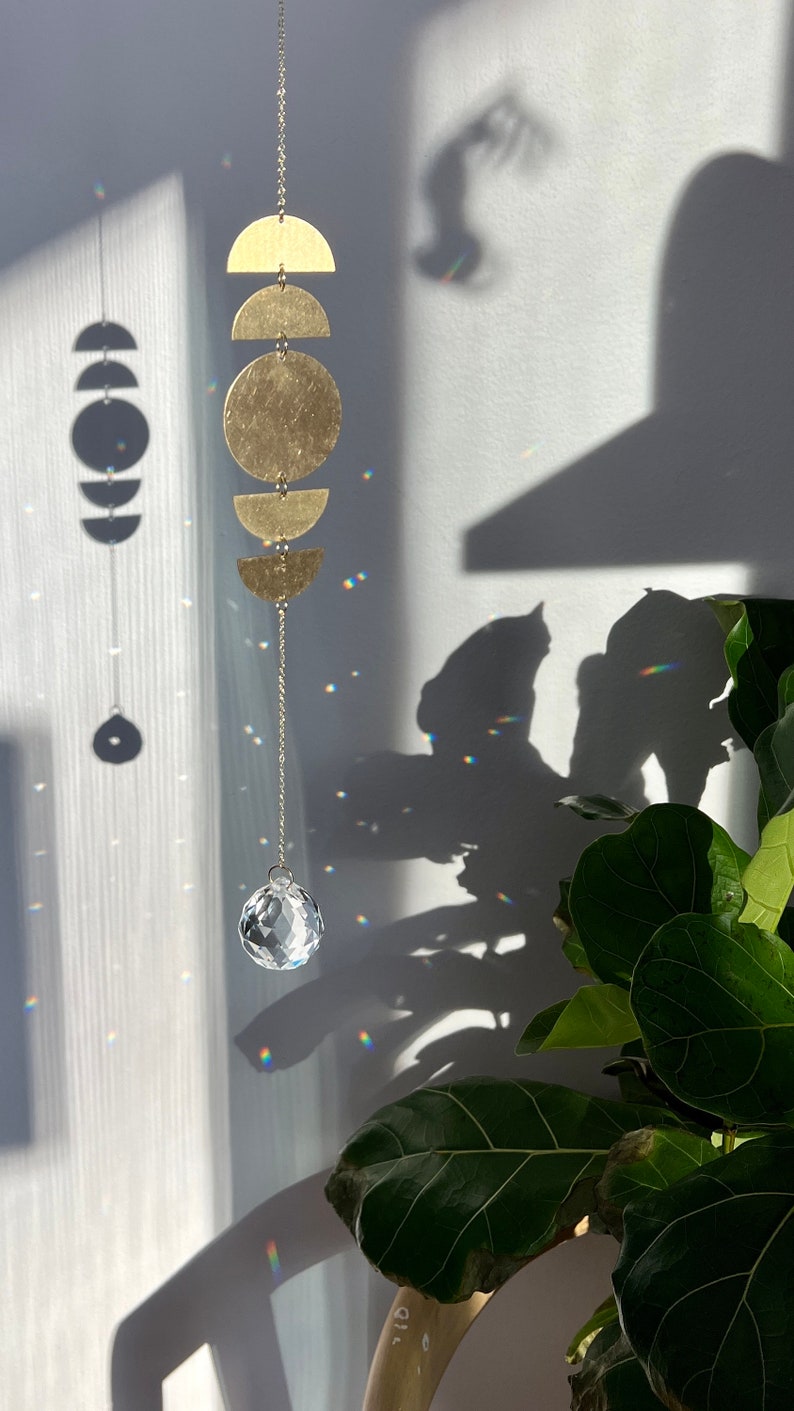 Moon Phase Wall hanging suncatcher, Abstract Brass Circles, phases of the moon cycle image 4